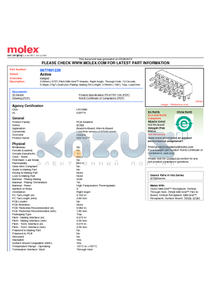 87760-1226 datasheet - 2.00mm (.079) Pitch Milli-Grid Header, Right Angle, Through Hole, 12 Circuits, 0.38lm (15l) Gold (Au) Plating, Mating Pin Length: 3.50mm (.138), Tray, Lead-free