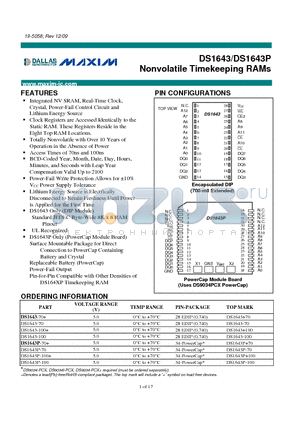 DS1643P-100+ datasheet - Nonvolatile Timekeeping RAMs