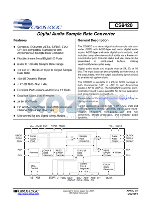 CS8420-CSZR datasheet - DIGITAL AUDIO SAMPLE RATE CONVERTER