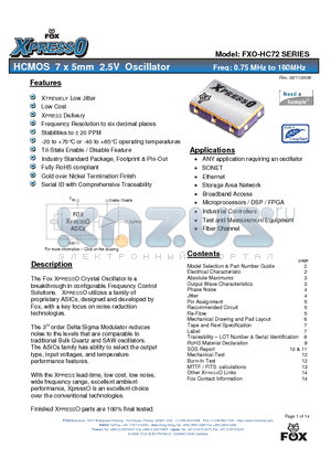 FXO-HC720-106.25 datasheet - HCMOS 7 x 5mm 2.5V Oscillator