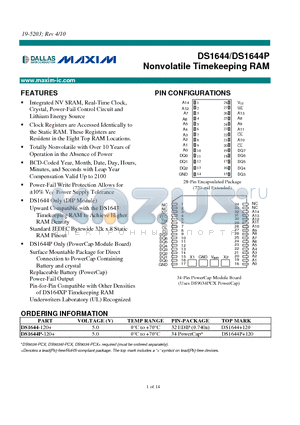 DS1644P-120+ datasheet - Nonvolatile Timekeeping RAM