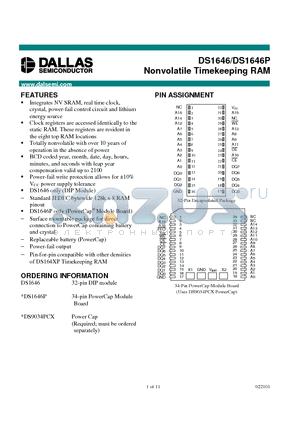 DS1646P datasheet - Nonvolatile Timekeeping RAM