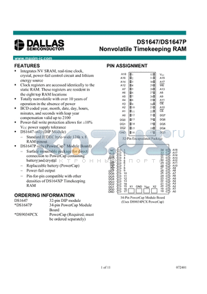 DS1647 datasheet - Nonvolatile Timekeeping RAM