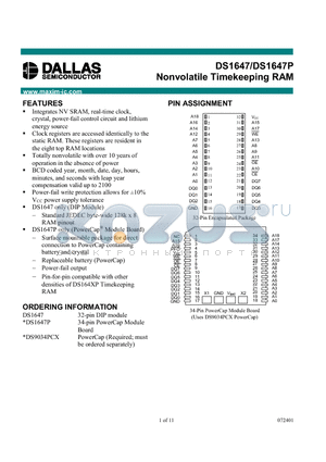 DS1647P datasheet - Nonvolatile Timekeeping RAM