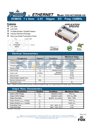 FXO-HC735RGB-125 datasheet - HCMOS 7 x 5mm 3.3V 50ppm XO Freq: 125MHz