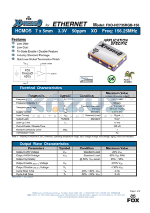 FXO-HC735RGB-156 datasheet - HCMOS 7 x 5mm 3.3V 50ppm XO Freq: 156.25MHz