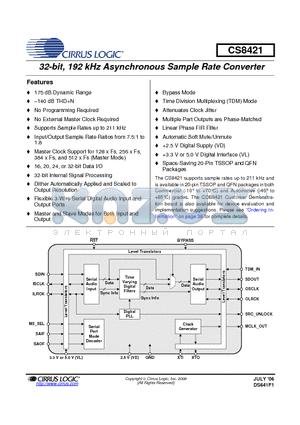 CS8421_06 datasheet - 32-bit, 192 kHz Asynchronous Sample Rate Converter