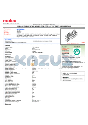 87761-5001 datasheet - 2.00mm (.079) Pitch Milli-Grid Header, Dual Row Dual Body, Through Hole, Vertical, 50 Circuits, 0.75lm (30l) Gold (Au) Selective Plating, 10.30mm (.406) Stacking Height