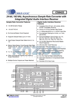 CS8422-CNZR datasheet - 24-bit, 192 kHz, Asynchronous Sample Rate Converter with