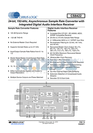 CS8422-CNZR datasheet - 24-bit, 192-kHz, Asynchronous Sample Rate Converter with Integrated Digital Audio Interface Receiver