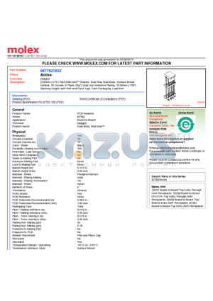 87762-1633 datasheet - 2.00mm (.079) Pitch Milli-Grid Header, Dual Row Dual Body, Surface Mount, Vertical, 16 Circuits, 0.76lm (30l) Gold (Au) Selective Plating