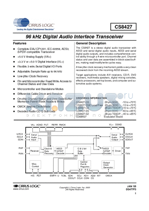 CS8427-CS datasheet - 96 kHz Digital Audio Interface Transceiver