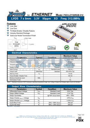FXO-LC735RGB-312 datasheet - LVDS 7 x 5mm 3.3V 50ppm XO Freq: 312.5MHz