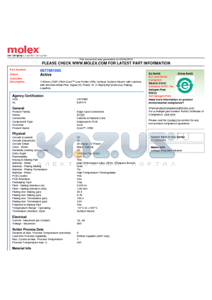 87786-1002 datasheet - 1.00mm (.039) Pitch iCool Low Profile VRM, Vertical, Surface Mount, with Latches, with Beveled Metal Pins, Signal 20, Power 72, 0.76lm(30l)Gold (Au) Plating