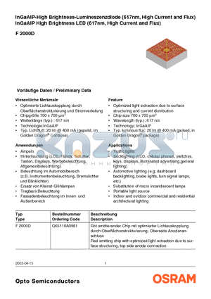 F2000D datasheet - InGaAlP-High Brightness-Lumineszenzdiode (617nm, High Current and Flux), InGaAlP High Brightness LED (617nm, High Current and Flux)