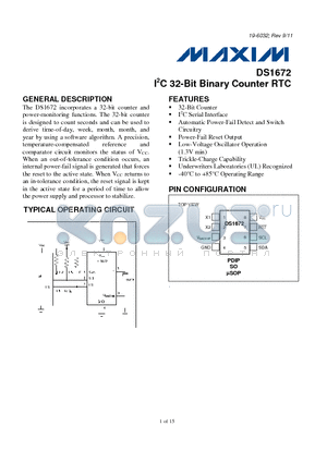 DS1672 datasheet - I2C 32-Bit Binary Counter RTC