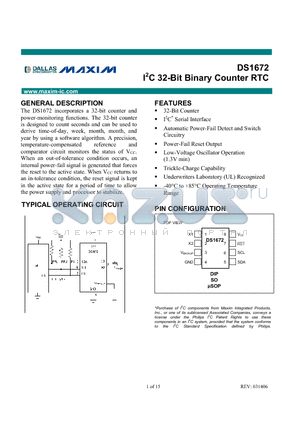 DS1672-2 datasheet - I2C 32-Bit Binary Counter RTC