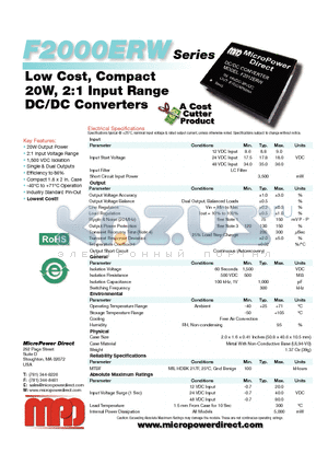 F2021ERW datasheet - Low Cost, Compact 20W, 2:1 Input Range DC/DC Converters