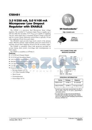 CS8481YDP5 datasheet - 3.3 V/250 mA, 5.0 V/100 mA Micropower Low Dropout Regulator with ENABLE