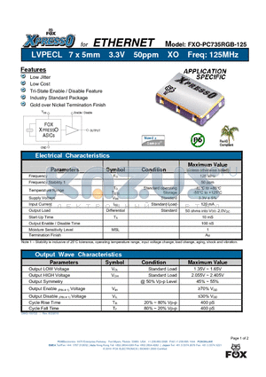 FXO-PC735RGB-125 datasheet - LVPECL 7 x 5mm 3.3V 50ppm XO Freq: 125MHz