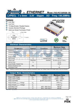 FXO-PC735RGB-156 datasheet - LVPECL 7 x 5mm 3.3V 50ppm XO Freq: 156.25MHz