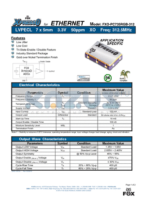 FXO-PC735RGB-312 datasheet - LVPECL 7 x 5mm 3.3V 50ppm XO Freq: 312.5MHz