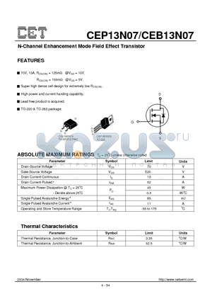 CEP13N07 datasheet - N-Channel Enhancement Mode Field Effect Transistor