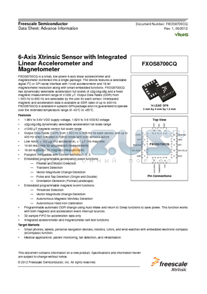 FXOS8700CQ datasheet - 6-Axis Xtrinsic Sensor with Integrated