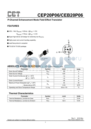 CEP20P06_10 datasheet - P-Channel Enhancement Mode Field Effect Transistor