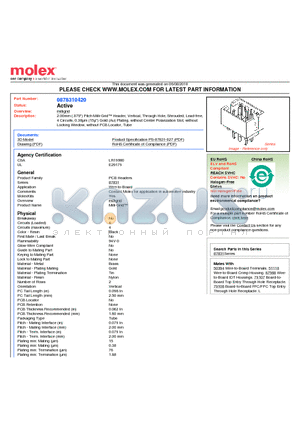 87831-0420 datasheet - 2.00mm (.079) Pitch Milli-Grid Header, Vertical, Through Hole, Shrouded, Lead-free, 4 Circuits, 0.38lm (15l) Gold (Au) Plating, without Center Polarization Slot