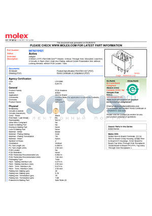 87831-0421 datasheet - 2.00mm Pitch Milli-Grid Header, Vertical, Through Hole, Shrouded, Lead-free, 4 Circuits, 0.76lm Locking Window, without PCB Locator, Tube