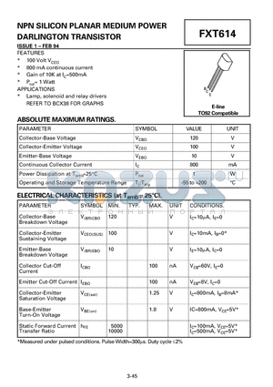 FXT614 datasheet - NPN SILICON PLANAR MEDIUM POWER DARLINGTON TRANSISTOR