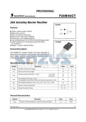 F20M40CT datasheet - 20A Schottky Barrier Rectifier