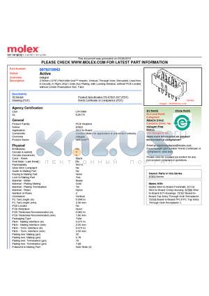 87831-0642 datasheet - 2.00mm (.079) Pitch Milli-Grid Header, Vertical, Through Hole, Shrouded, Lead-free 6 Circuits, 0.76lm (30l) Gold (Au) Plating, with Locking Window, without PCB Locator