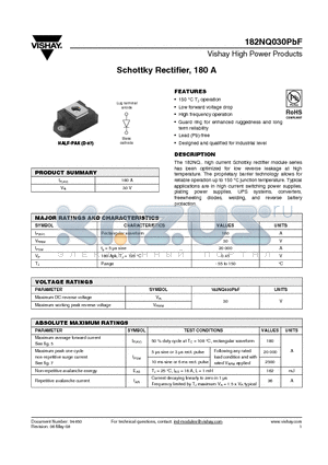182NQ030PBF datasheet - Schottky Rectifier, 180 A