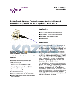 E2500 datasheet - E2500-Type 2.5 Gbits/s Electroabsorption Moudlated Isolated Laser Module (EM-ILM) for Ultralong-Reach Applications