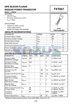 FXT657 datasheet - NPN SILICON PLANAR MEDIUM POWER TRANSISTOR