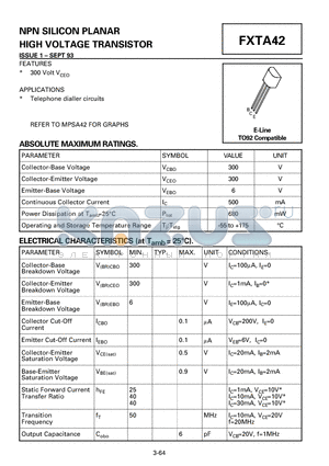 FXTA42 datasheet - NPN SILICON PLANAR HIGH VOLTAGE TRANSISTOR