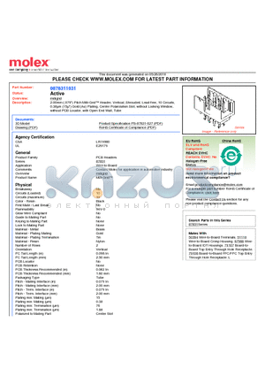 87831-1031 datasheet - 2.00mm (.079) Pitch Milli-Grid Header, Vertical, Shrouded, Lead-free, 10 Circuits, 0.38lm (15l) Gold (Au) Plating, Center Polarization Slot, without Locking Window