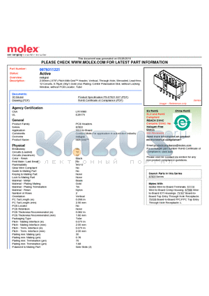 87831-1221 datasheet - 2.00mm (.079) Pitch Milli-Grid Header, Vertical, Through Hole, Shrouded, Lead-free, 12 Circuits, 0.76lm (30l