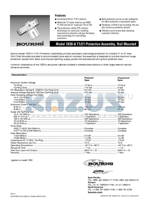 1830-A121 datasheet - T1/E1 Protection Assembly, Rail Mounted