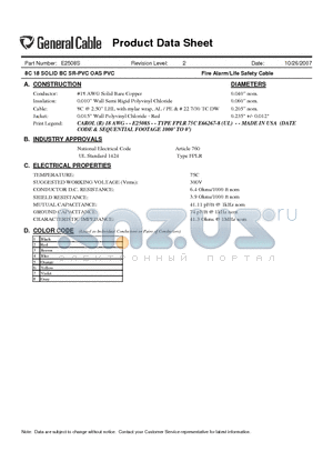 E2508S datasheet - 8C 18 SOLID BC SR-PVC OAS PVC Fire Alarm/Life Safety Cable