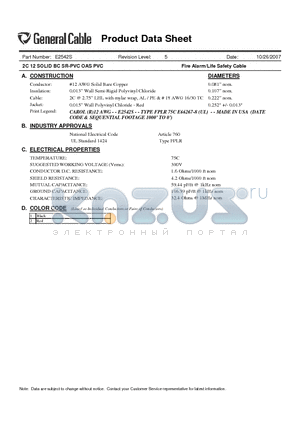 E2542S datasheet - 2C 12 SOLID BC SR-PVC OAS PVC Fire Alarm/Life Safety Cable