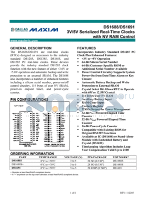 DS1688S datasheet - 3V/5V Serialized Real-Time Clocks with NV RAM Control
