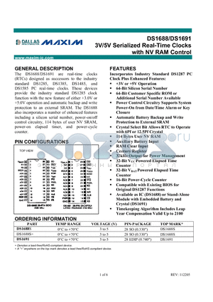 DS1688S+ datasheet - 3V/5V Serialized Real-Time Clocks with NV RAM Control