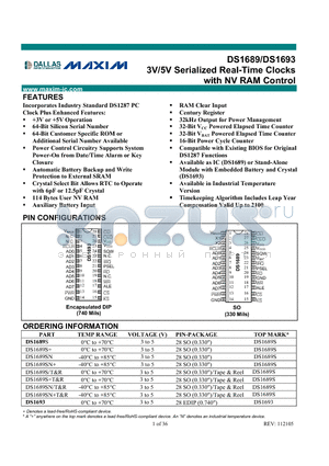 DS1689S+ datasheet - 3V/5V Serialized Real-Time Clocks with NV RAM Control