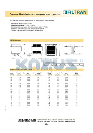 CEP4748 datasheet - Common Mode Inductors Horizontal PCB