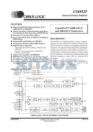 CS8952T-IQ datasheet - 100BASE E-X AND 10BASE-T TRANSCEIVER
