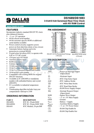 DS1693 datasheet - 3-Volt/5-Volt Serialized Real-Time Clock with NV RAM Control