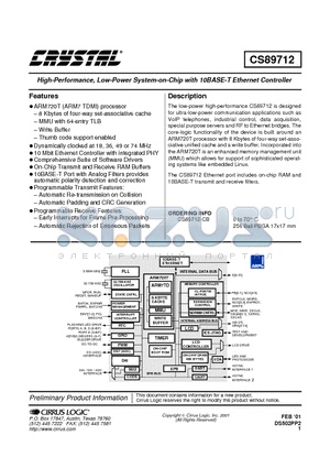 CS89712 datasheet - HIGH-PERFORMANCE, LOW-POWER SYSTEM-ON-CHIP WITH 10BASE-T ETHERNET CONTROLLER